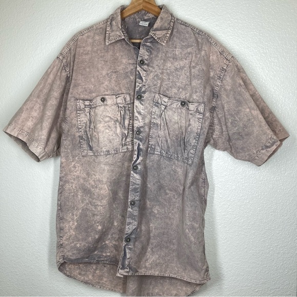 Acid Wash Mens StreetWear Shirt XL Short Sleeves Button Down Pockets Pink Gray - Picture 2 of 15
